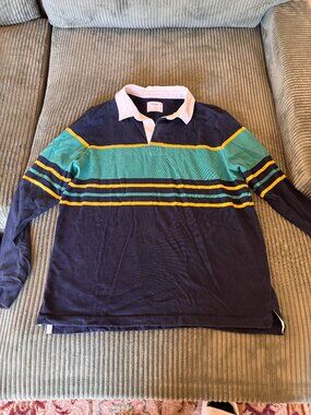 Old Navy Navy Teal Yellow Striped Rugby Shirt Mens XL